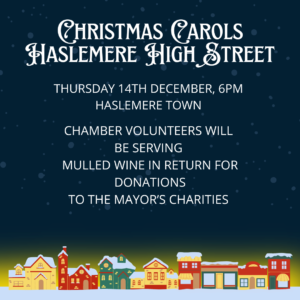 Christmas Carols on Haslemere High Street on Thursday 14th December from 6pm. Arranged by Haslemere Town Council. Haslemere Chamber Volunteers will be there serving mulled wine in return for donations to the mayor’s charities

Snowy town scene on a dark background